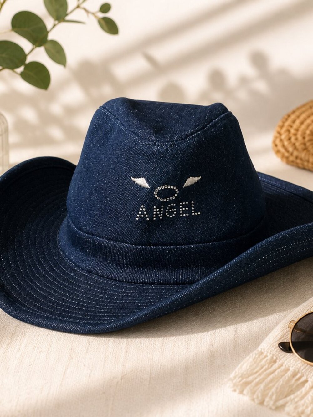 Xhilaration Denim Cowboy Hat Rhinestone Angel Wings One Size Boho Y2K Western